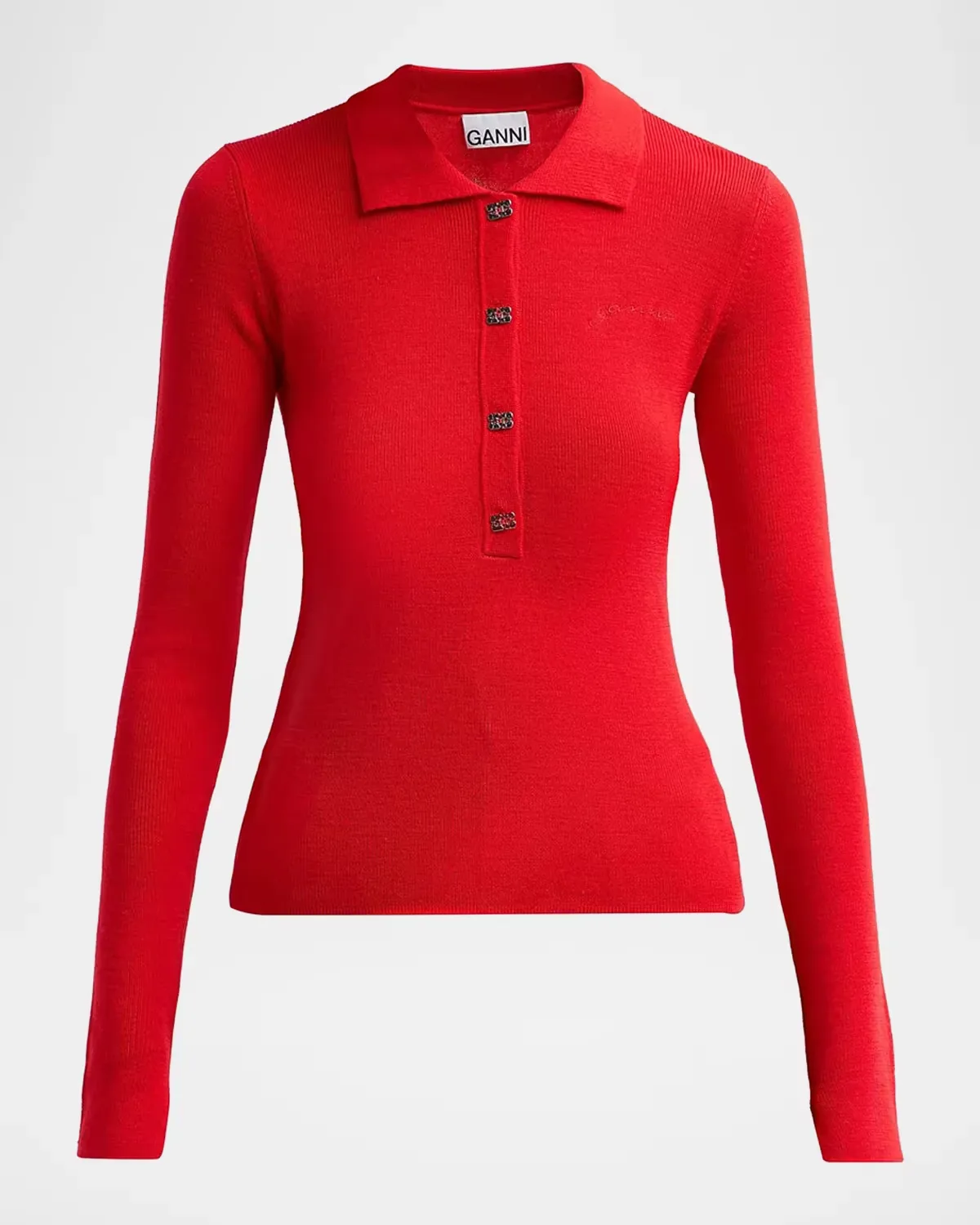 Mini Merino Rib-Knit Long-Sleeve Polo Top by GANNI