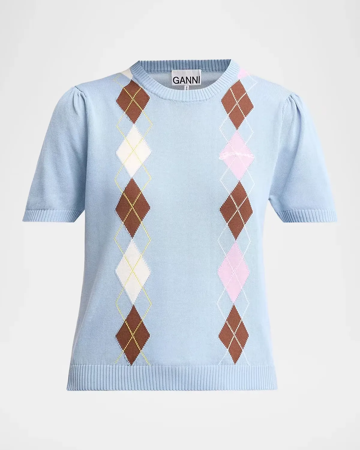 Argyle Cotton Knit Crewneck T-Shirt by GANNI