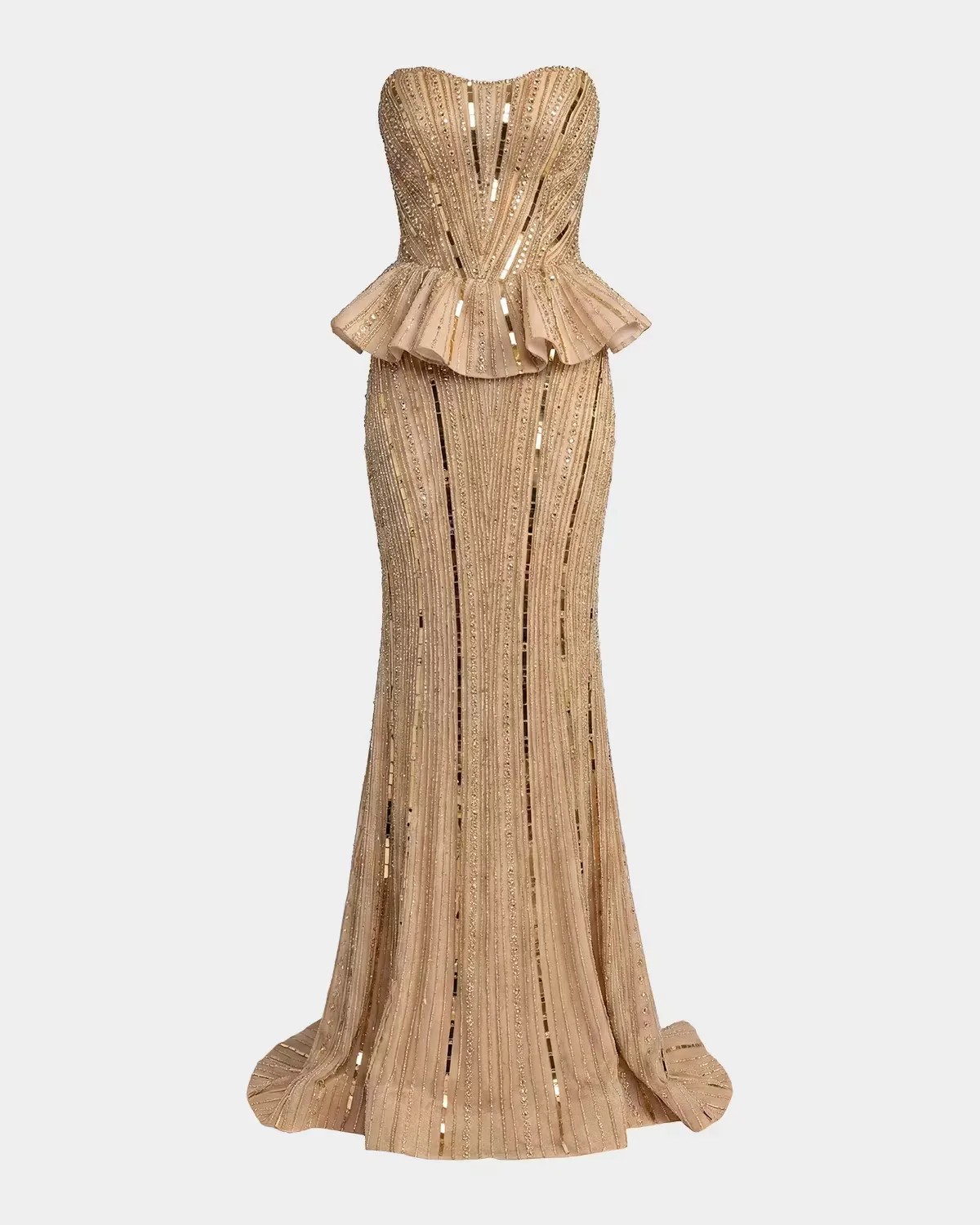Beaded Strapless Peplum Gown by M.A.C.