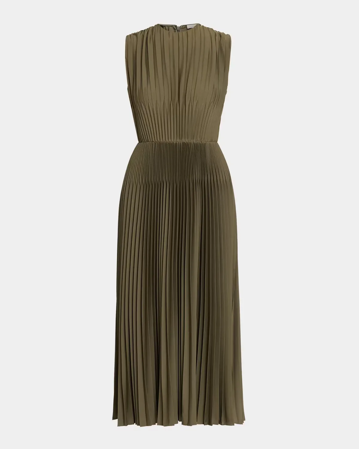 Sleeveless Chevron-Pleated Satin Midi Dress by Vince