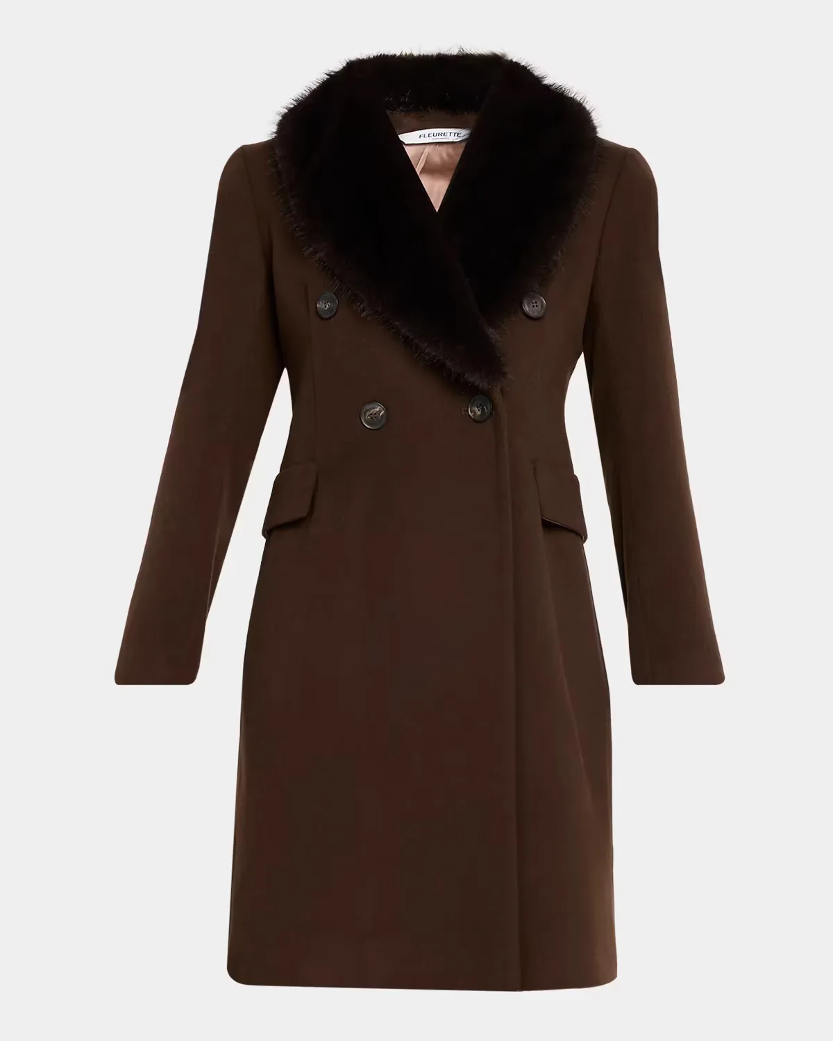 Wool Double-Breasted Coat with Faux Fur Collar by Fleurette