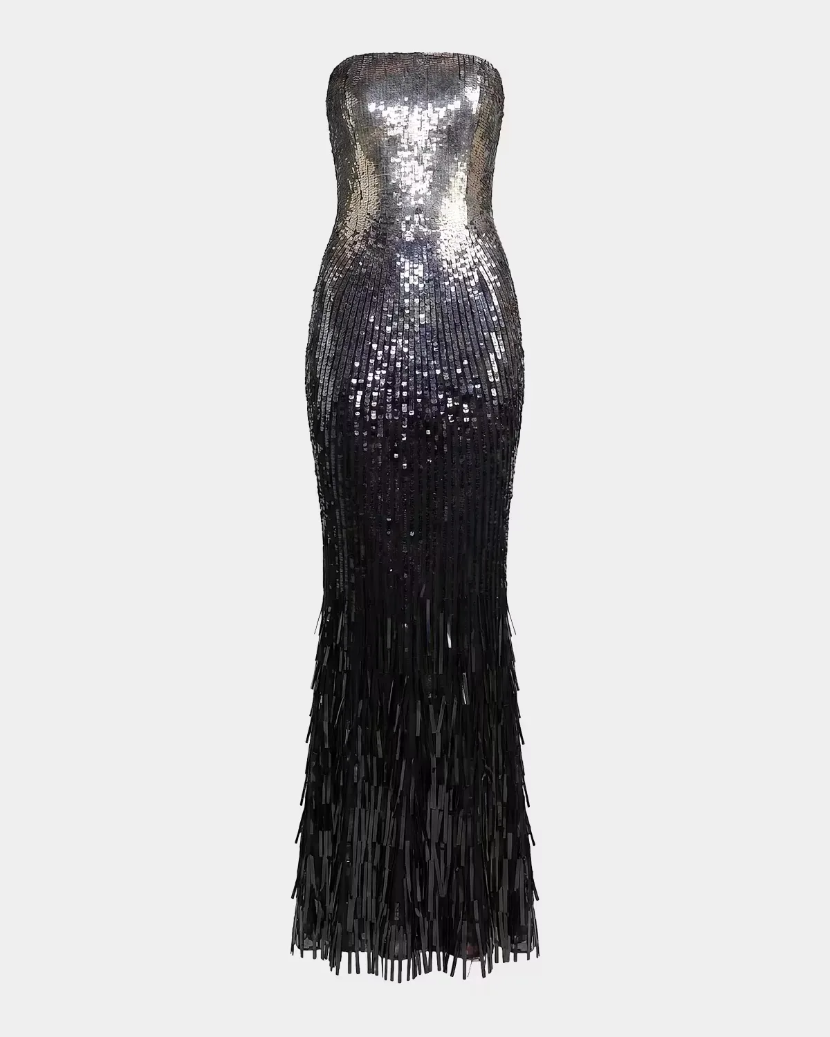 Embellished Mesh Strapless Fringe Gown