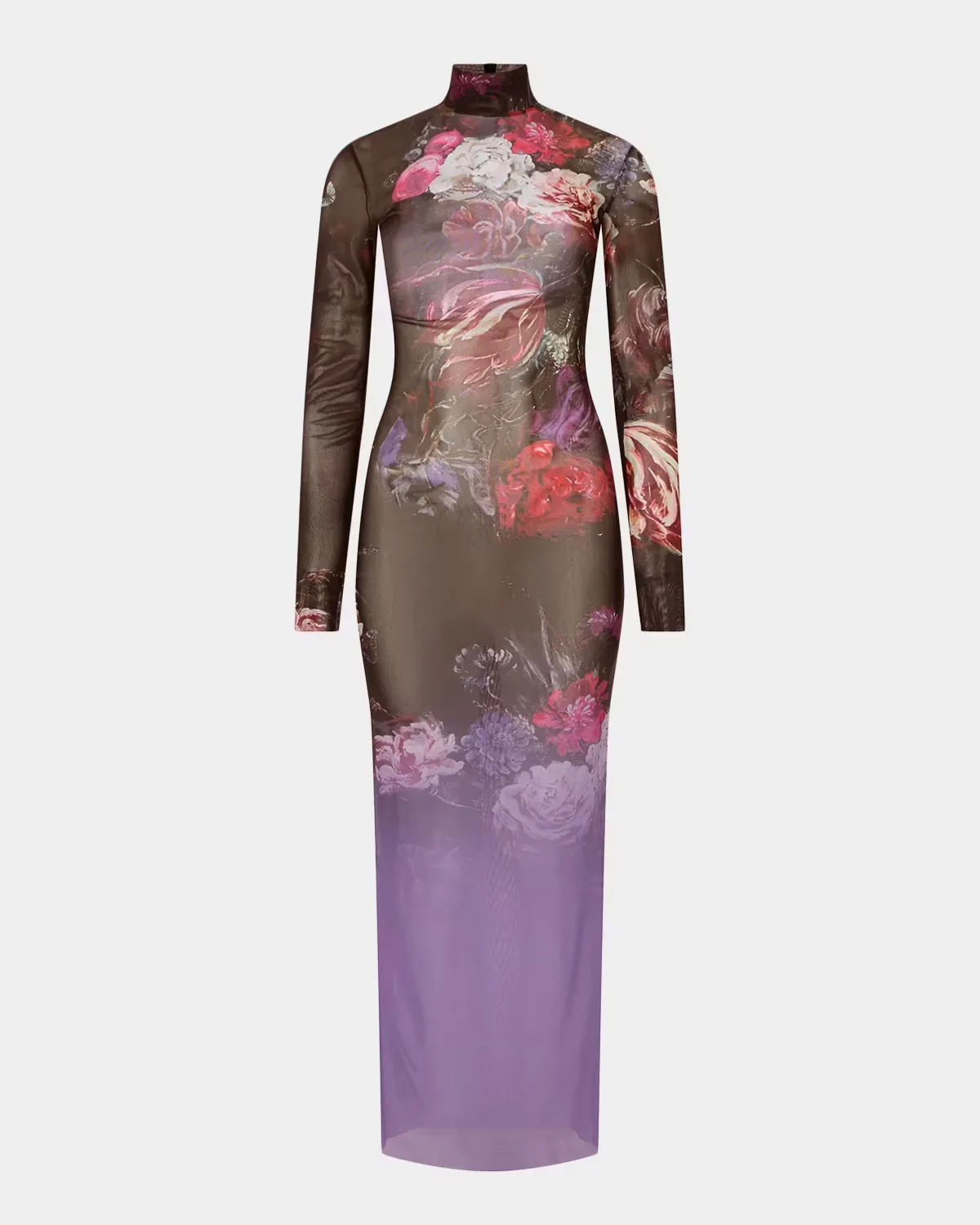 Turtleneck Bouquet-Print Metallic Mesh Long-Sleeve Maxi Dress by Roberto Cavalli