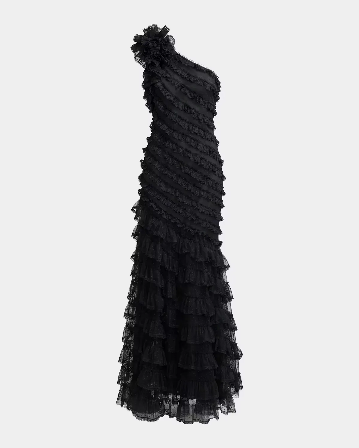 One-Shoulder Mesh-Lace Trumpet Gown by M.A.C.