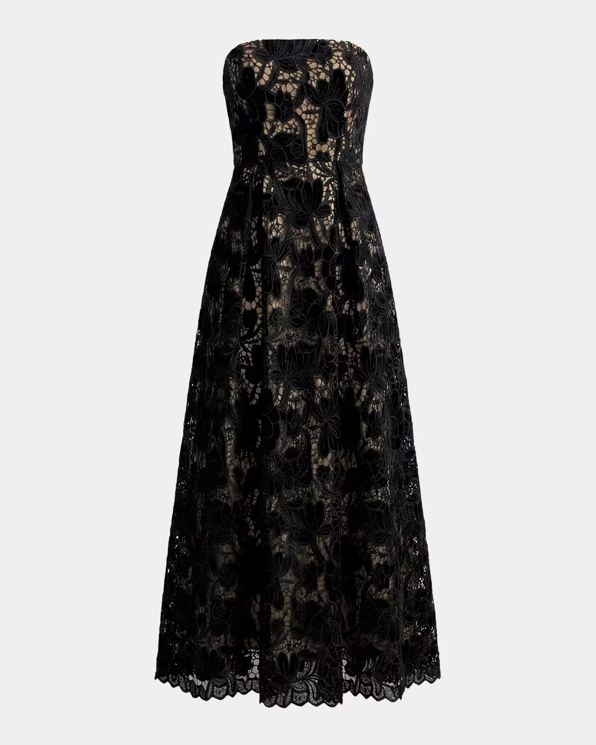 Velvet Floral Lace Strapless Midi Dress by M.A.C.