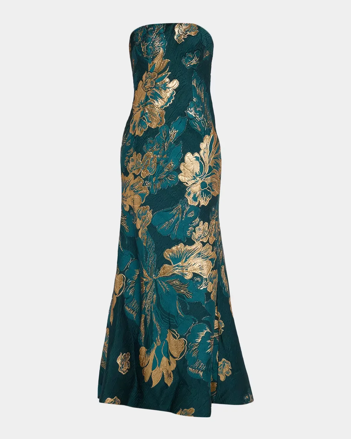 Metallic Floral Jacquard Strapless Gown by Rene Ruiz Collection