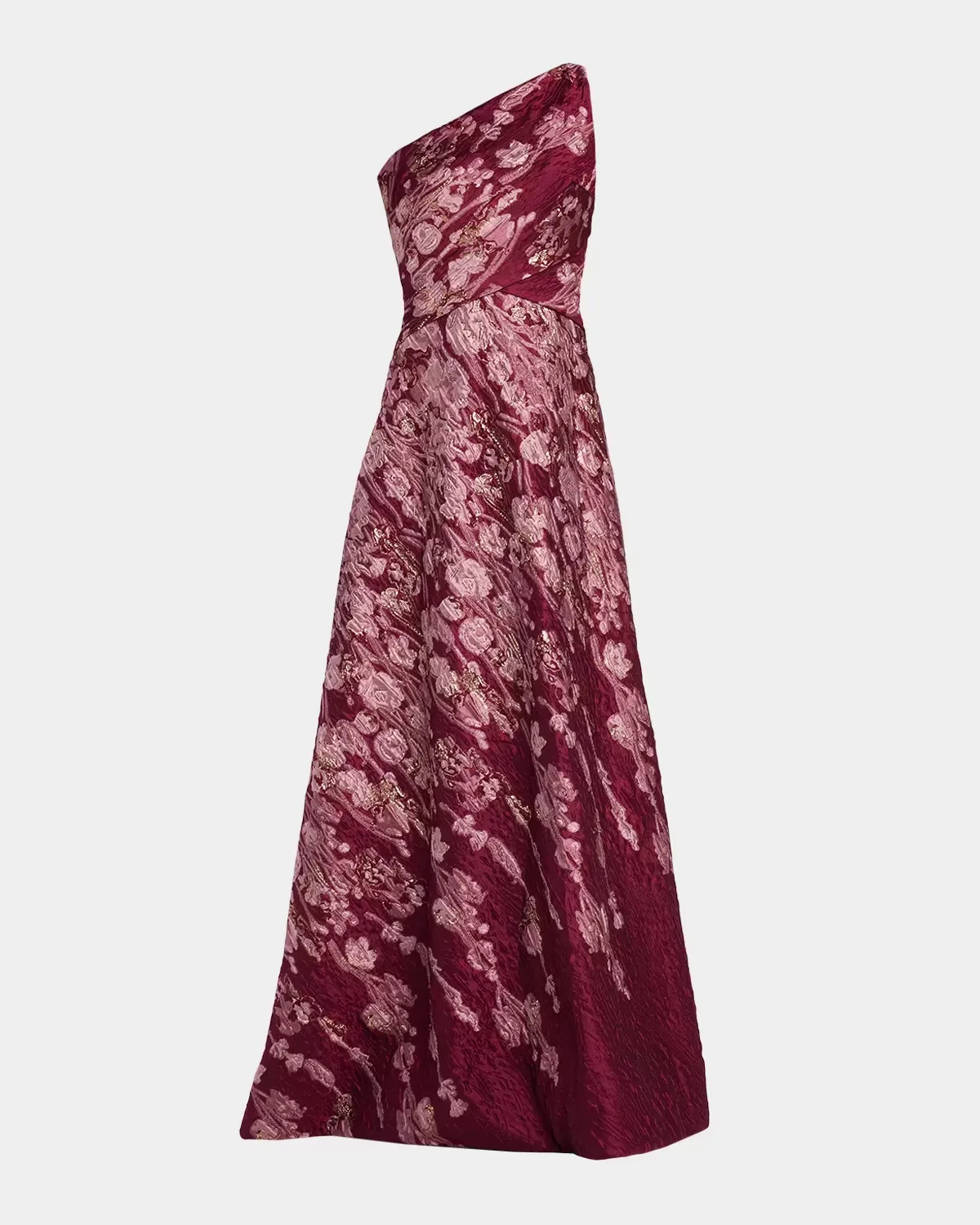 One-Shoulder Metallic Brocade Gown by Rene Ruiz Collection