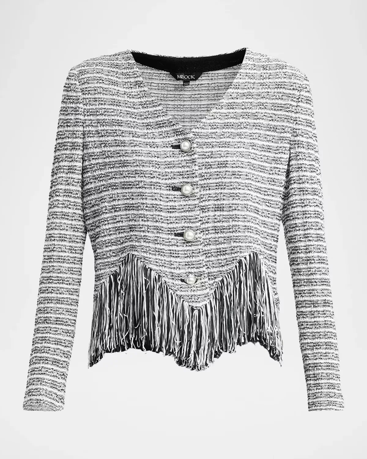 Chevron Tweed Fringe-Trim Jacket by Misook