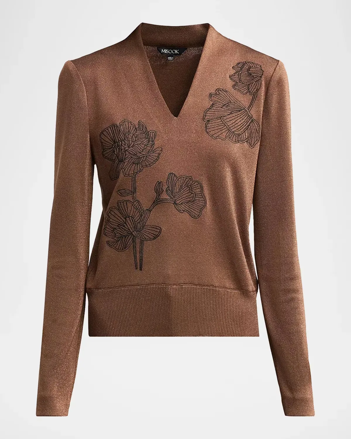 Embroidered Metallic-Knit Top by Misook
