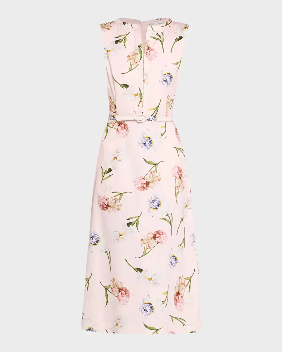 Sleeveless Painted Iris-Print Belted Midi Dress