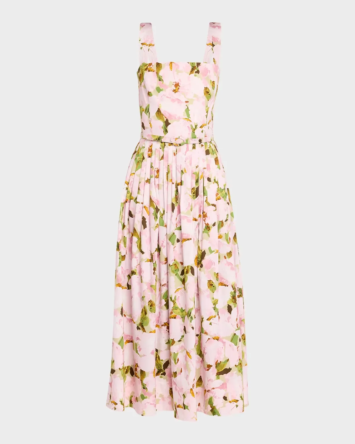 Belted Sleeveless Watercolor Iris Poplin Dress by Oscar de la Renta