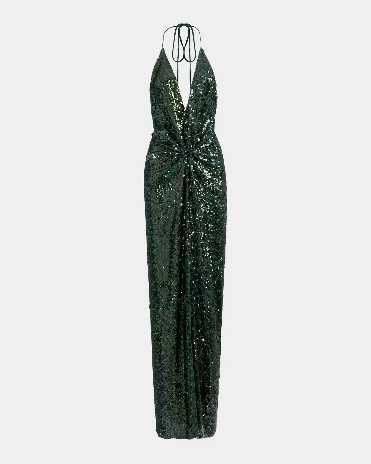 Rowan Twisted Plunging Halter Sequined Maxi Dress