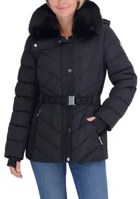 Michael Michael Kors Belted Puffer Jacket with Fur Collar