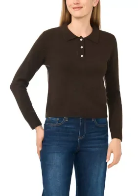 Long Sleeve Two Button Polo Sweater by CeCe