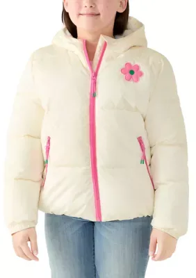 Rainbow Flower Accent Hooded Puffer Jacket by Vine & Valley