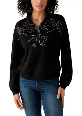 Long Sleeve Freeflow Seamed 1/4 Pullover with Studs by Wonderly