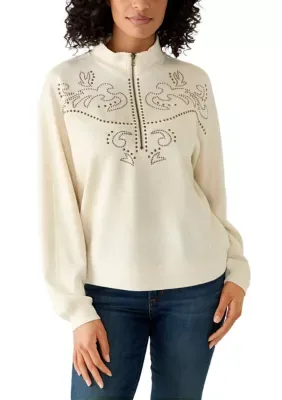 Long Sleeve Freeflow Seamed 1/4 Zip Pullover with Studs by Wonderly