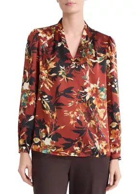 V-Neck Long Sleeve Pleated Shoulder Satin Blouse by Kasper
