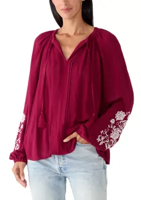 Embroidered Long Sleeve Peasant Top by Wonderly