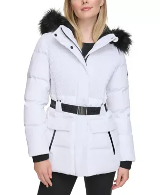 KARL Lagerfeld PARIS Pu Faux Fur Lined Coat with Toggles