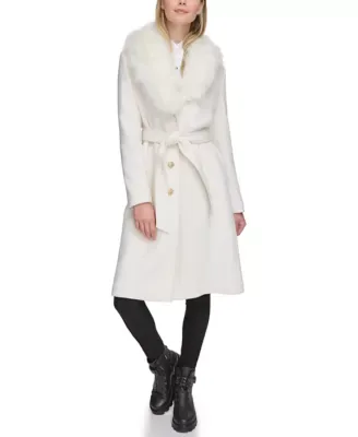 KARL Lagerfeld PARIS Hooded Faux Wool Coat with Belt by Karl Lagerfeld
