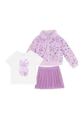 Fur Jacket, T-Shirt & Skirt Set by Counting Daisies