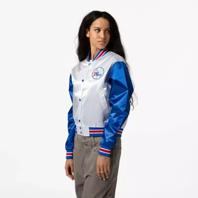 NBA Philadelphia 76ers Cropped Satin Full-Snap Jacket by Mitchell & Ness