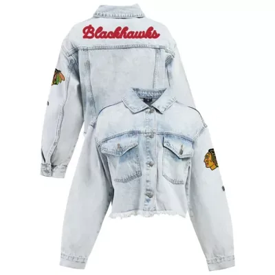 NHL Chicago Blackhawks Chenille Raw Edge Cropped Full-Button Jean Jacket - Denim by Hype and Vice