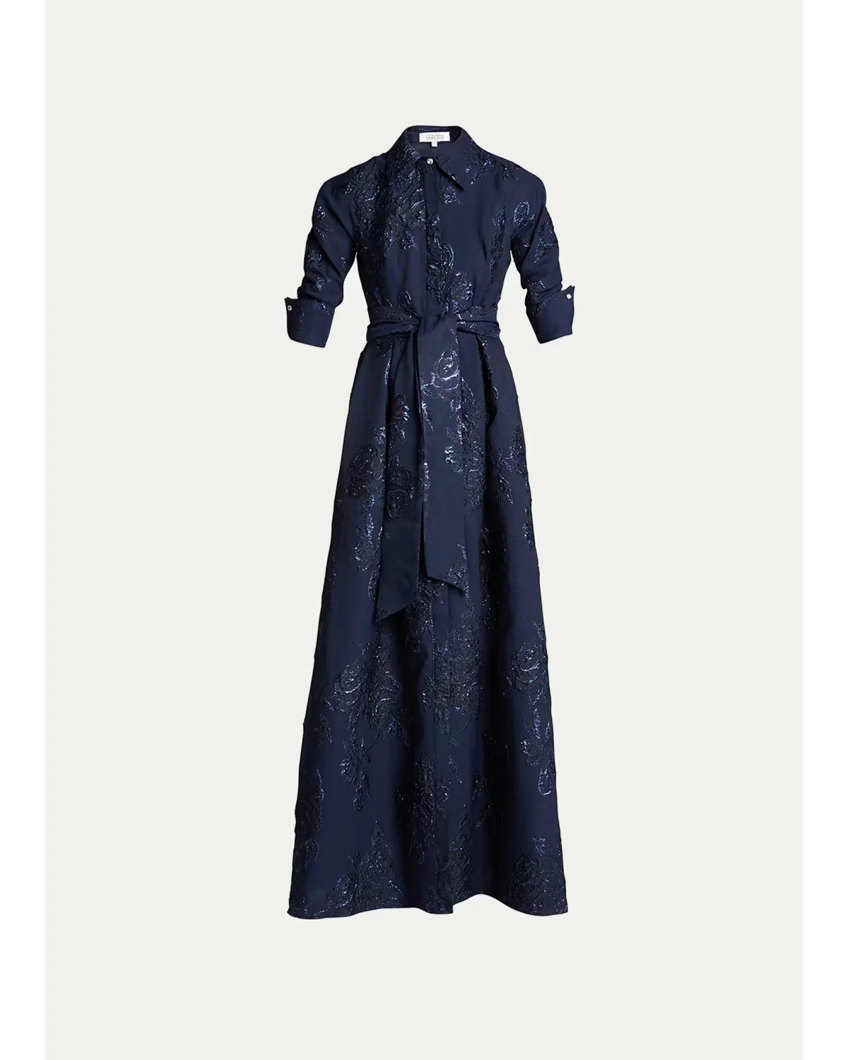 Belted Jacquard Shirtdress Gown by Teri Jon