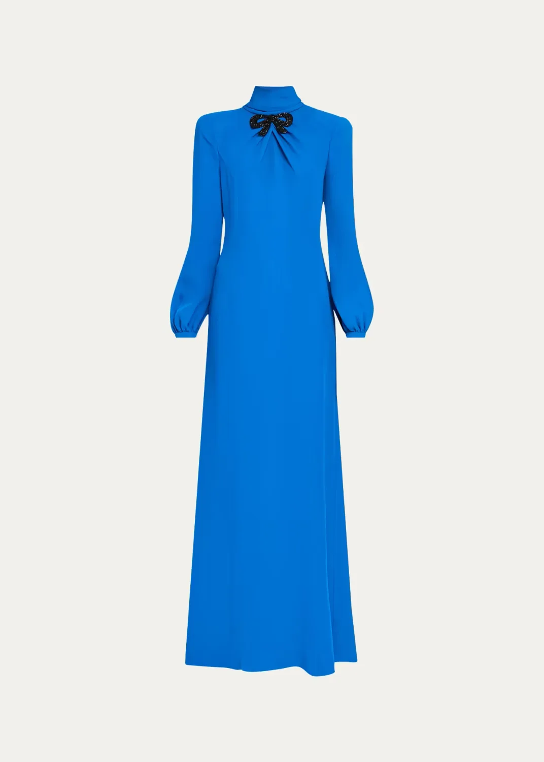 Bow Embroidered Turtleneck Long-Sleeve Silk Gown