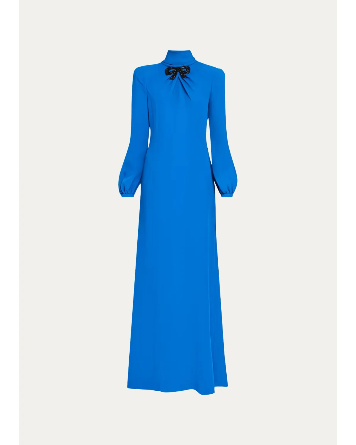 Bow Embroidered Turtleneck Long-Sleeve Silk Gown