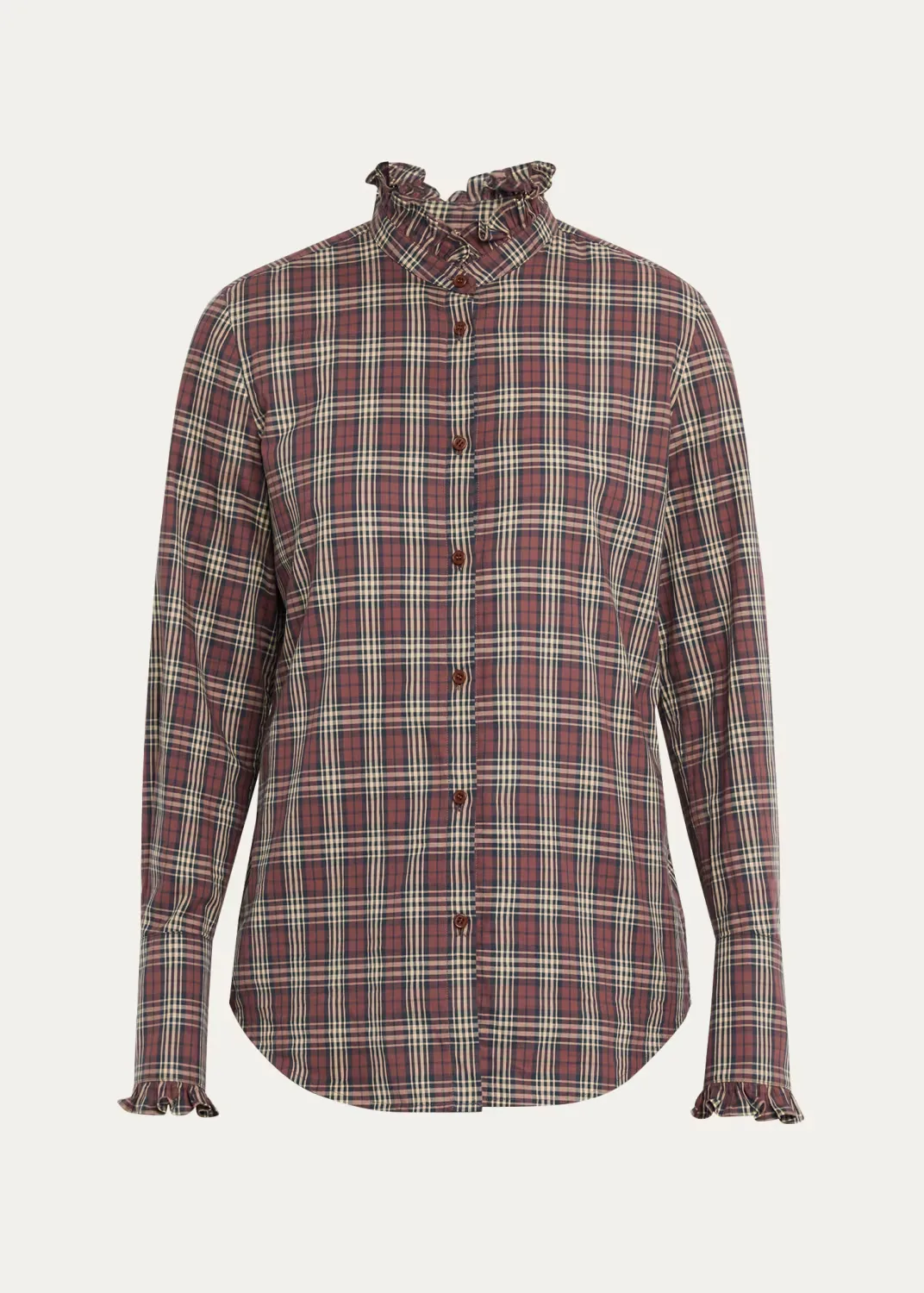 Elio Ruffle-Trim Cotton Plaid Shirt