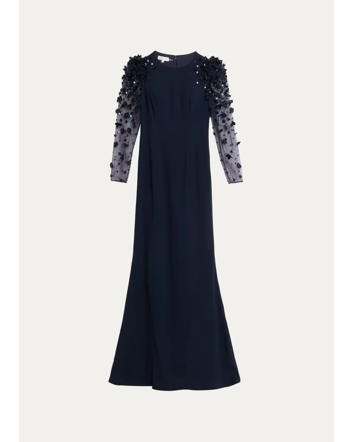 Tulle-Sleeve Floral Applique Crepe Gown by Teri Jon