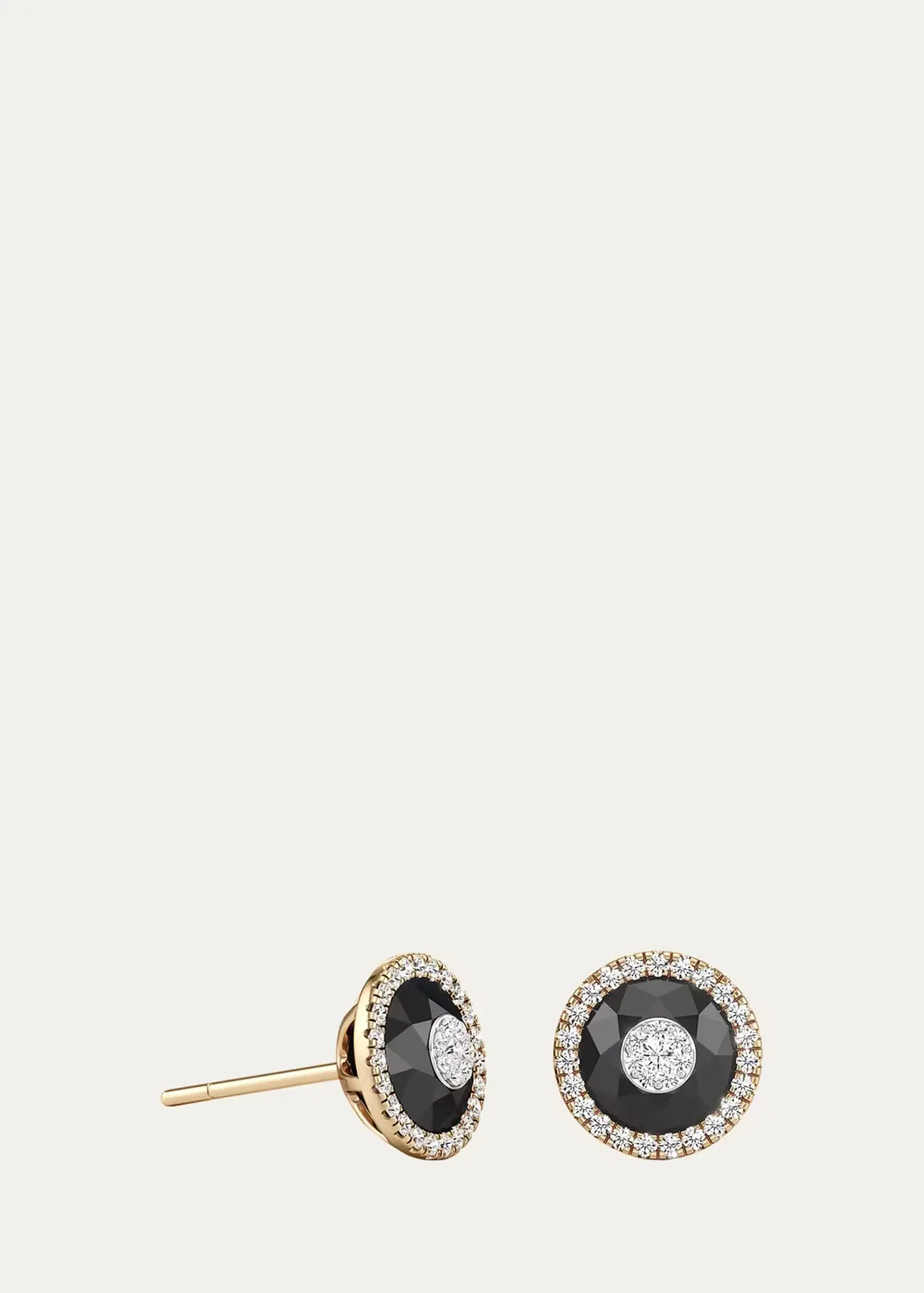 18K Yellow Gold 7mm Diamond and Onyx Fusion Stud Earrings with Halos by Bhansali