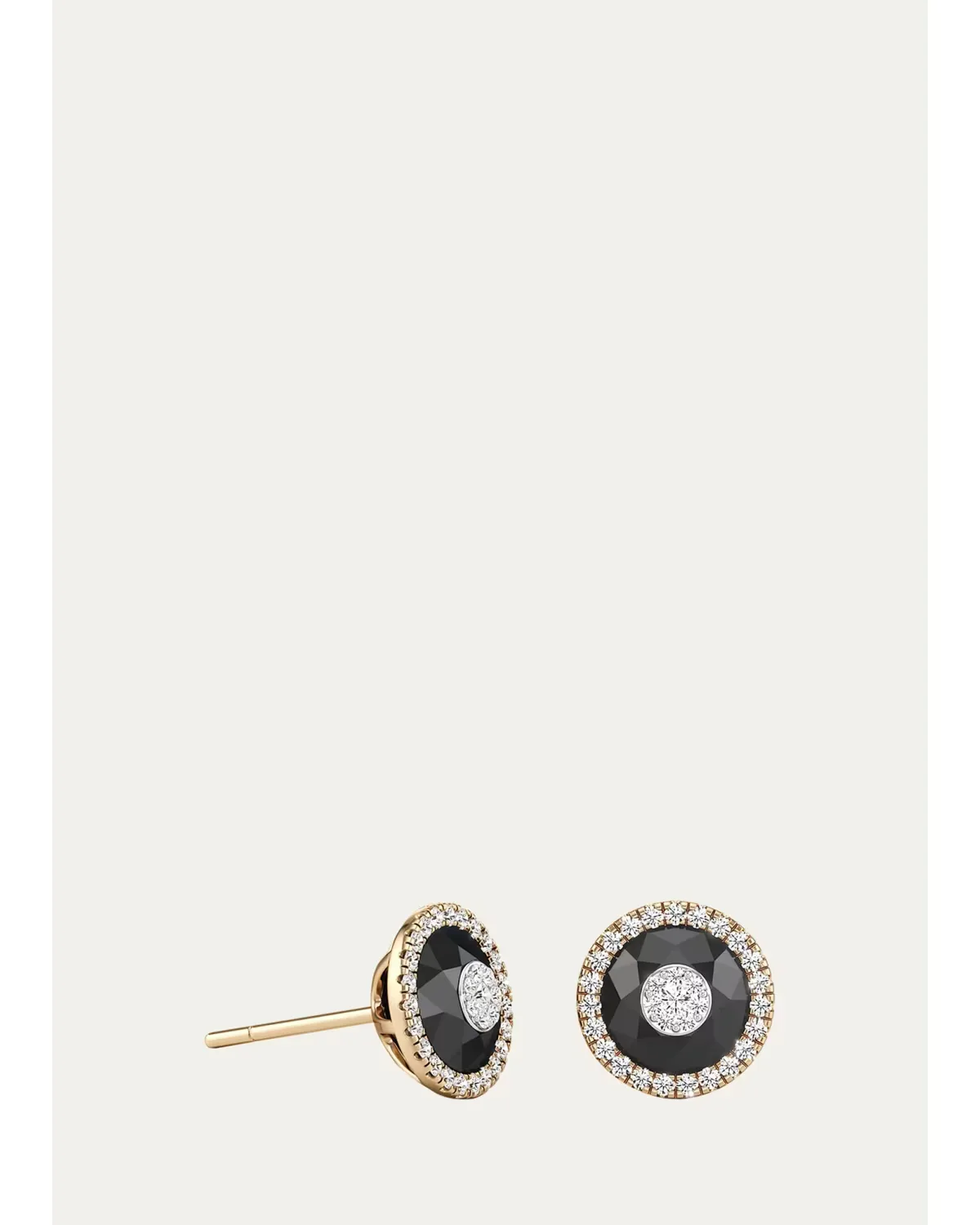 18K Yellow Gold 7mm Diamond and Onyx Fusion Stud Earrings with Halos by Bhansali