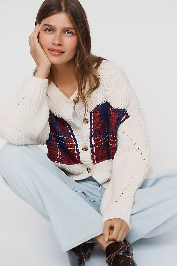 Oversized Plaid Pointelle Cardigan by Maeve