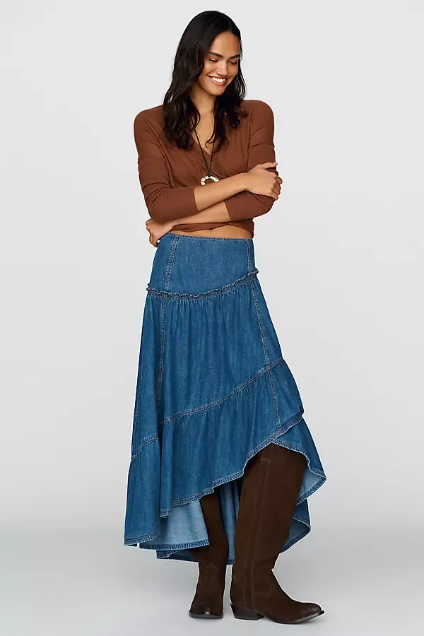 Pilcro Denim Asymmetrical Tiered Skirt by Anthropologie