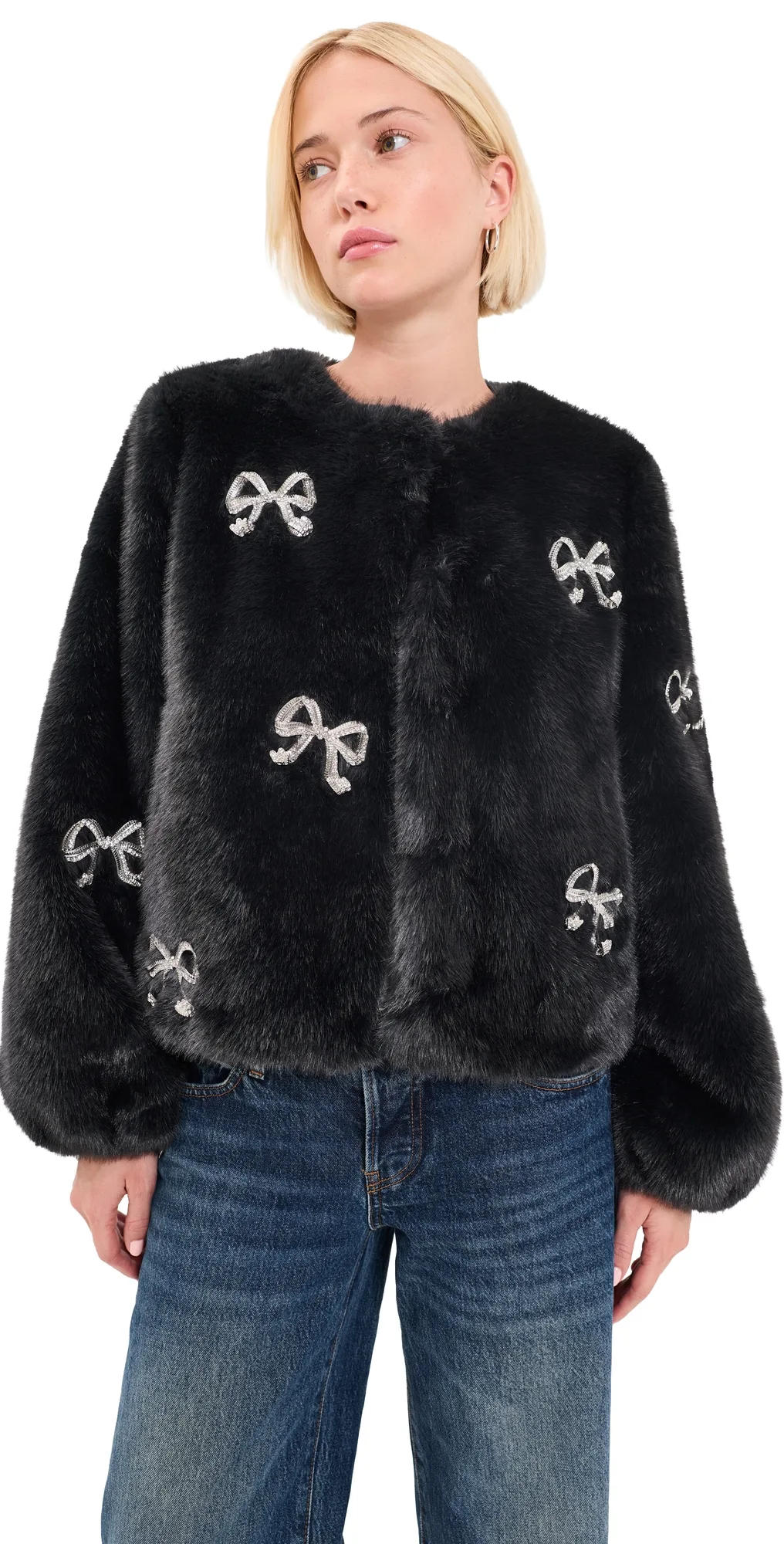 Rhinestone Bow Faux Mink Benson Coat by Cinq  Sept