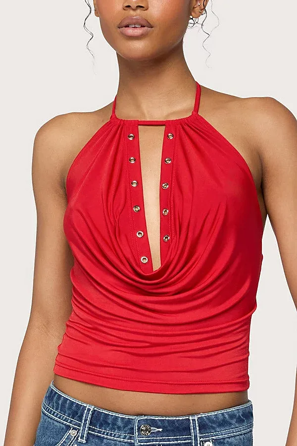 Edikted Sania Cutout Cowl Neck Grommet Top by Edikted