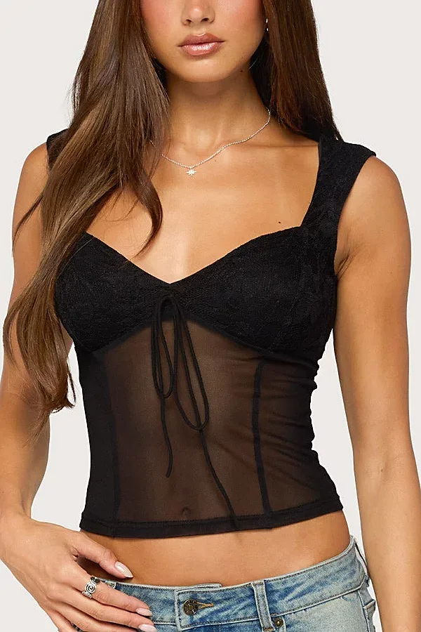 Edikted Uli Sheer Mesh Wide Strap Top by Edikted