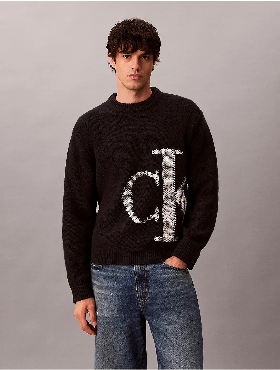 Lambswool Blend Monogram Crewneck Sweater by Calvin Klein
