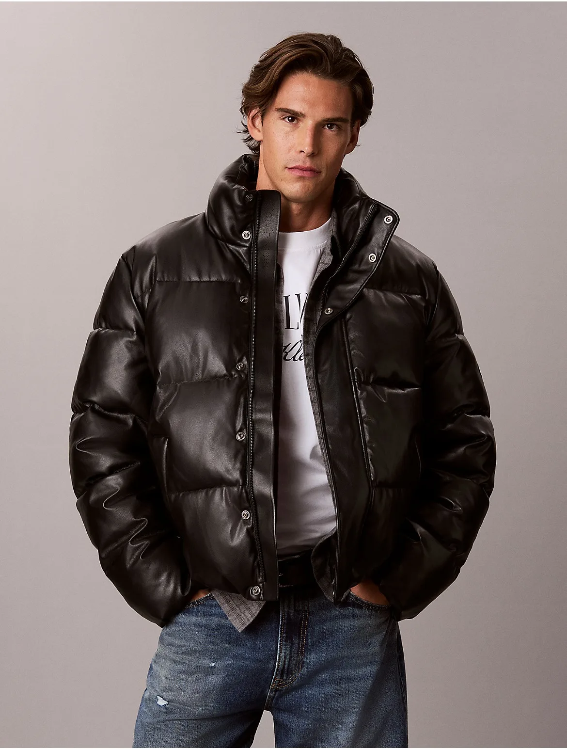 Faux Leather Puffer Jacket by Calvin Klein