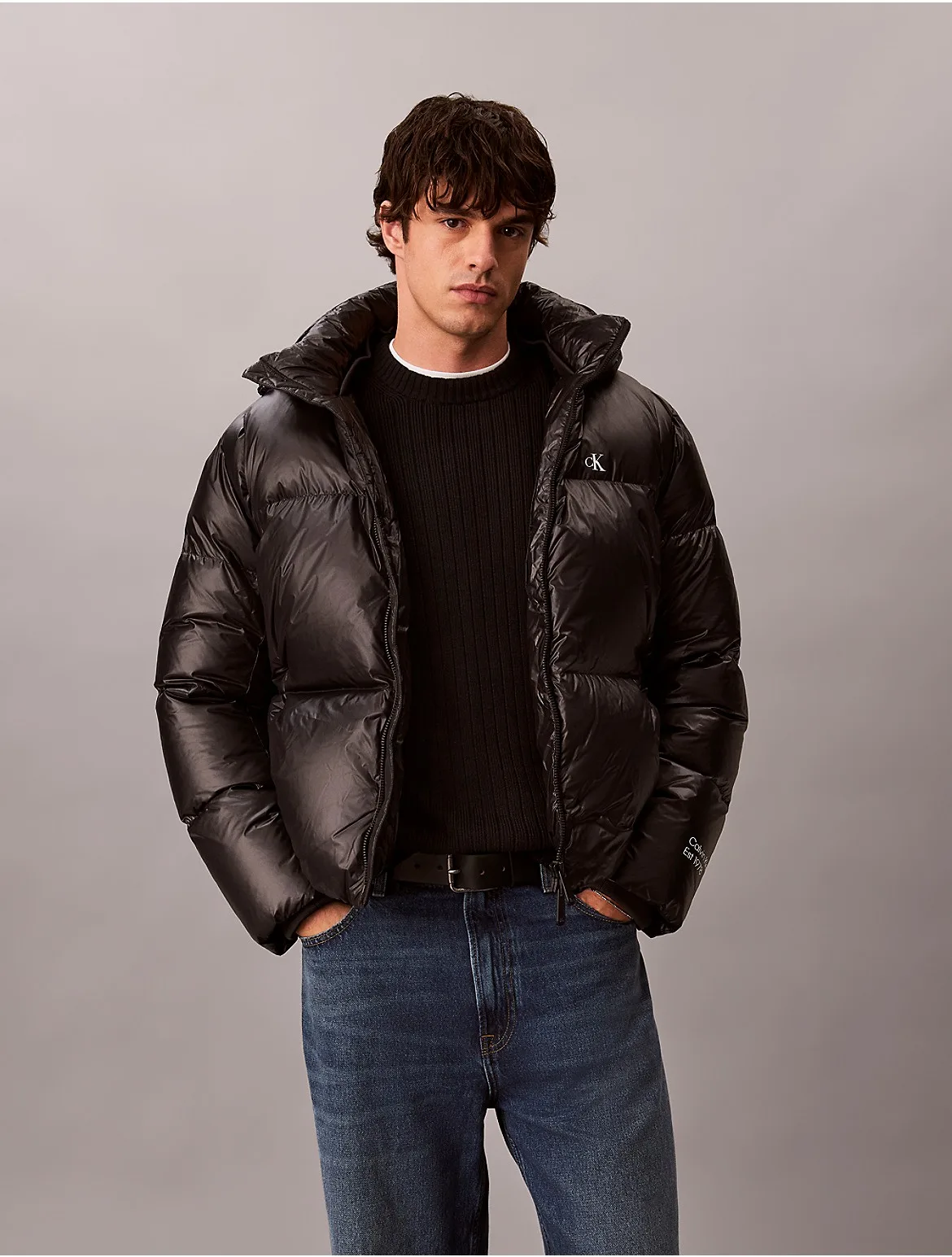 Glossy Detachable Hood Down Puffer Jacket by Calvin Klein