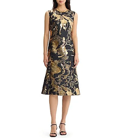 Novelty Jacquard Woven Gold Shimmer Sequin A-Line Midi Dress by Ming Wang