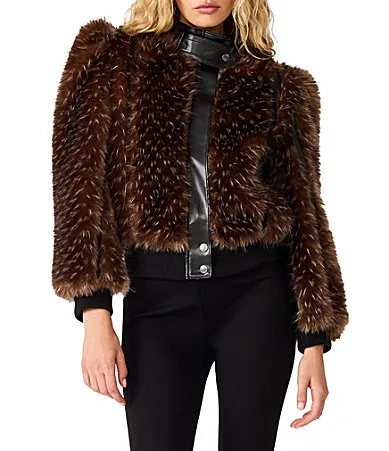 Pru Faux Fur Funnel Neck Long Sleeve Zip-Front Jacket by Steve Madden