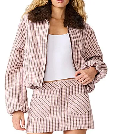 Ailee Plaid Faux Fur Collared Long Sleeve Coordinating Bomber Jacket by Steve Madden