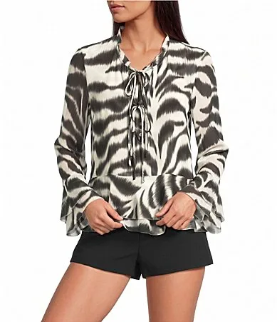 Rue Zebra Printed Tie Front V-Neck Long Sleeve Chiffon Blouse by Gianni Bini