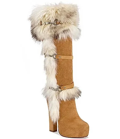 Rylan Faux Fur Buckle Strap Platform Block Heel Boots by Azalea Wang