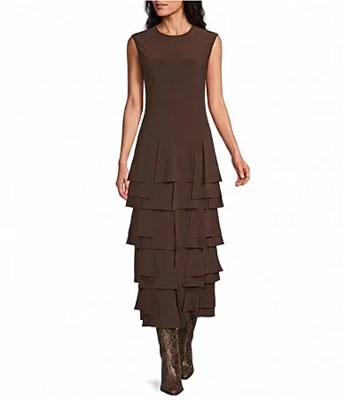 Knit Round Neck Cap Sleeve Tiered Ruffle Asymmetrical Midi Dress by Ic Collection