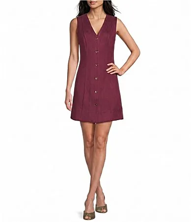 Faux Suede V-Neck Sleeveless Button Front A-Line Mini Dress by Skies Are Blue